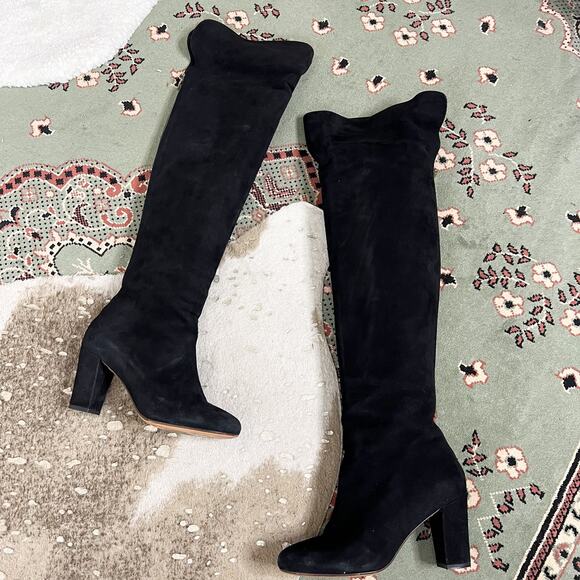 Tila March | Suede Leather Black Knee High Block Heel Tall Designer Boots 38 7.5 - Picture 10 of 11